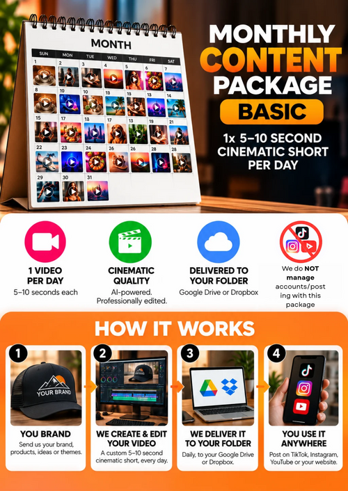 Basic package infographic: one 5–10 second cinematic video daily, delivered to a client folder; posting is the client's responsibility