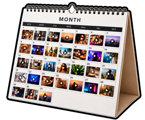 Monthly content calendar featuring daily short-form video thumbnails